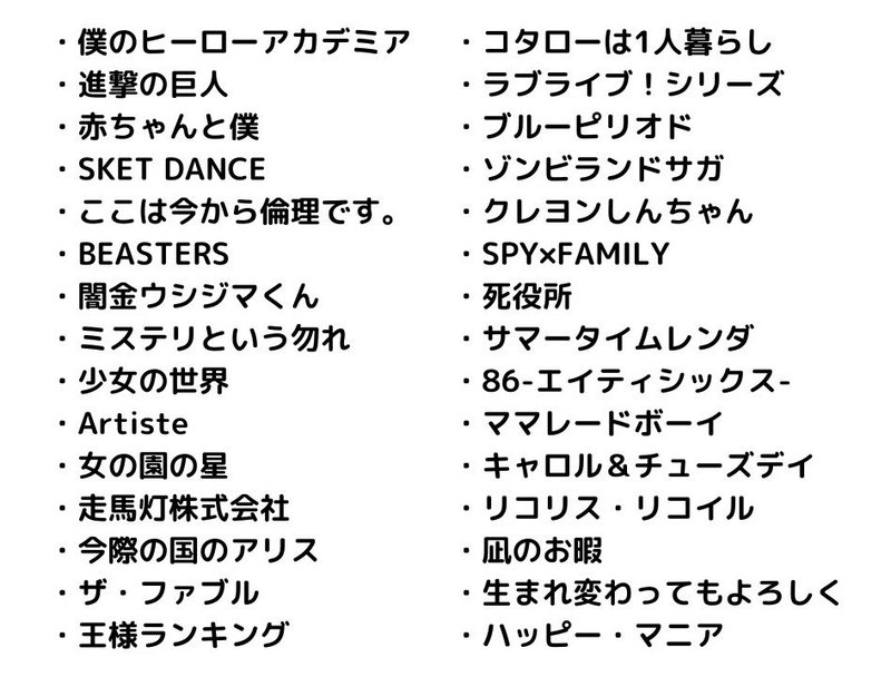 ・僕のヒーローアカデミア ・進撃の巨人 ・赤ちゃんと僕 ・キャロル＆チューズデイ ・SKET DANCE ・
